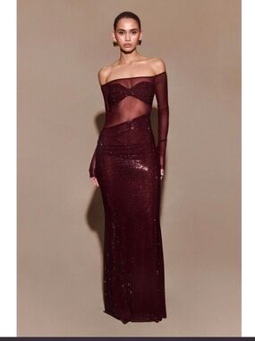 Mesh mi burgundy off shoulder dress